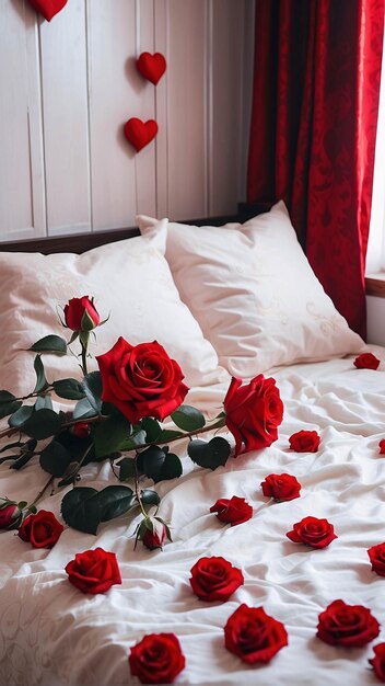 Roses rouges sur drap de lit blanc avec pétales éparpillés fond d'arrangement de lit romantique