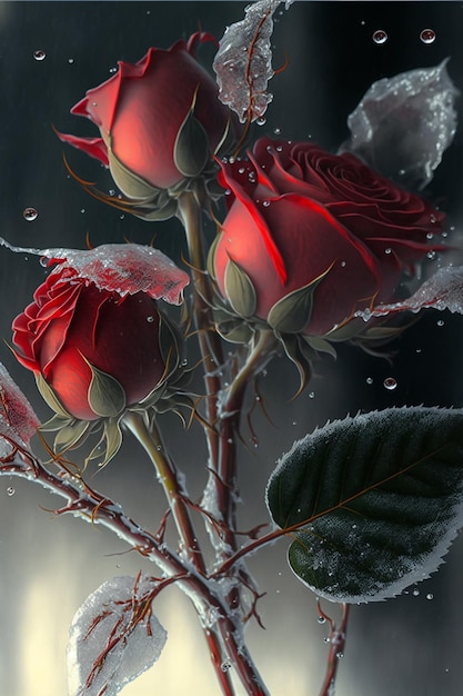 Roses rouges drapées de givre et de neige Fond de la Saint-Valentin Créé avec la technologie Generative AI