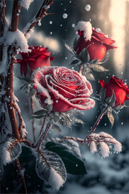 Roses rouges drapées de givre et de neige Fond de la Saint-Valentin Créé avec la technologie Generative AI