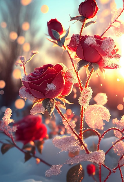 Roses rouges drapées de neige givrée Fond de la Saint-Valentin Créé avec la technologie Generative AI