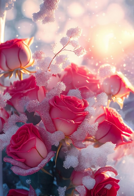 Roses rouges drapées de neige givrée Fond de la Saint-Valentin Créé avec la technologie Generative AI