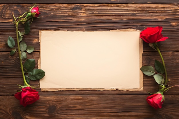 Des roses rouges et du papier vide sur une planche de bois.
