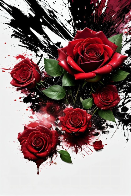 roses rouges avec effet d'éclaboussure d'encre noire et rouge