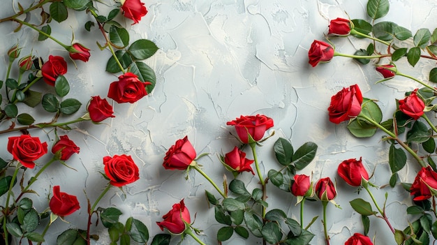 Des roses rouges élégantes éparpillées sur un fond neutre texturé pour des occasions romantiques et Valentines