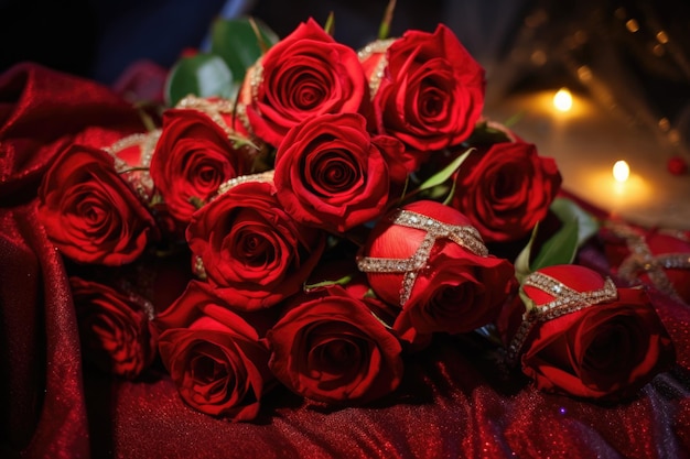 Roses rouges enveloppées de guirlandes lumineuses scintillantes