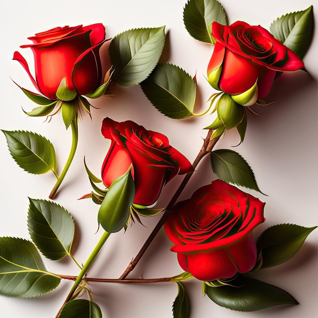 Roses rouges avec feuilles et bourgeons sur fond blanc