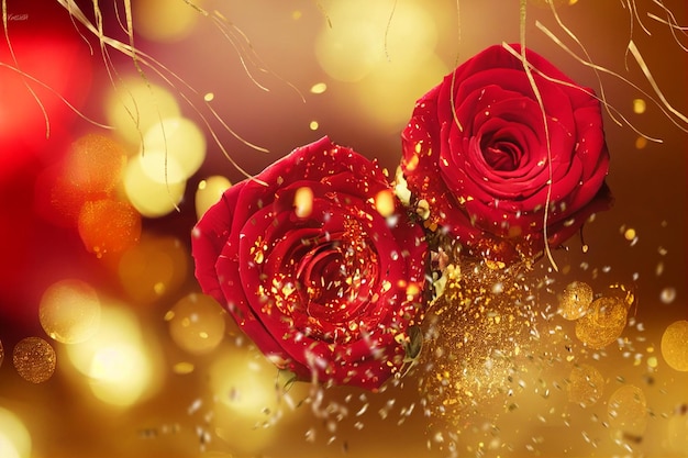 roses rouges et feuilles sur fond flou avec des salutations de confettis or Saint Valentin,