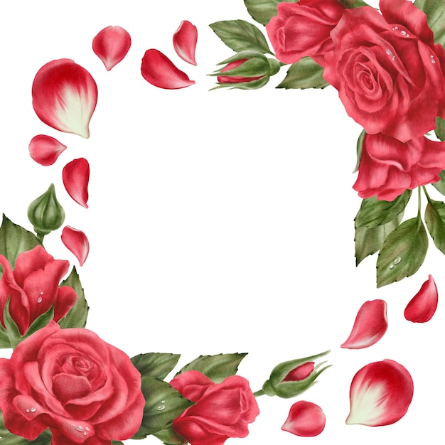 Des roses rouges avec des gouttes de bourgeons et de feuilles dans un cadre carré dans un style réaliste dans la technique de l'aquarelle comme