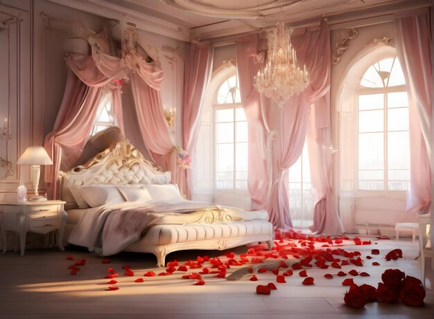 Des roses rouges romantiques dans la chambre.