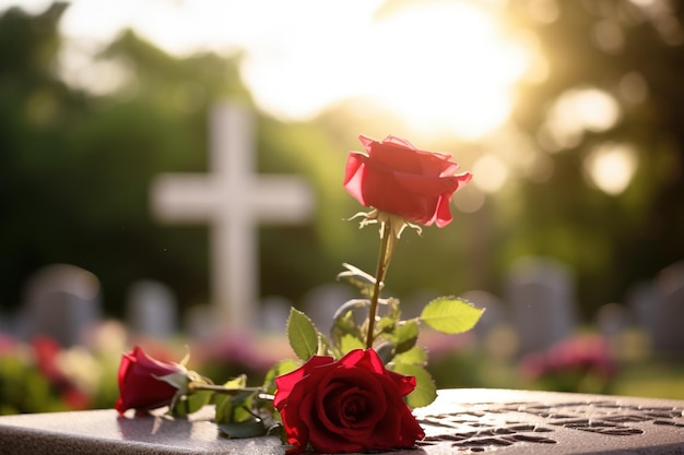 Des roses rouges sur une tombe dans un cimetière au coucher du soleil avec un espace de copie