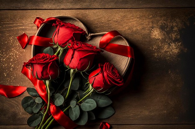 Roses rouges sur une vieille table en bois