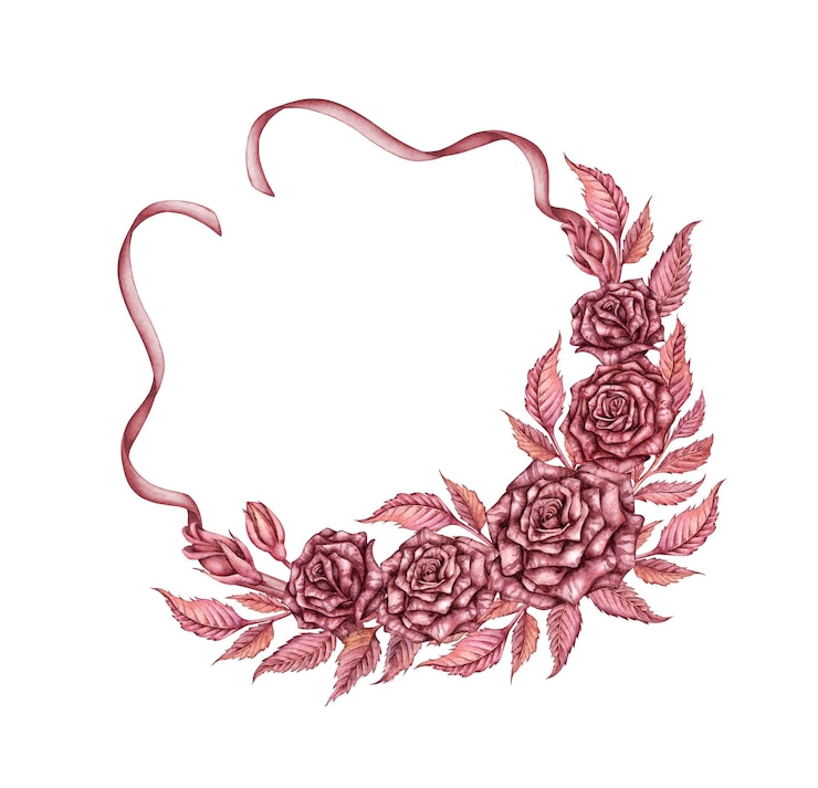 Photo roses avec rubans bourgeons et feuilles gothique bourgogne aquarelle illustration d'halloween ou le jour de la