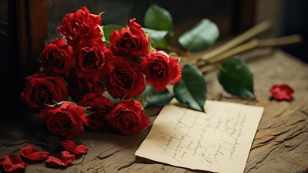 roses sur une table en bois avec lettre d'amour