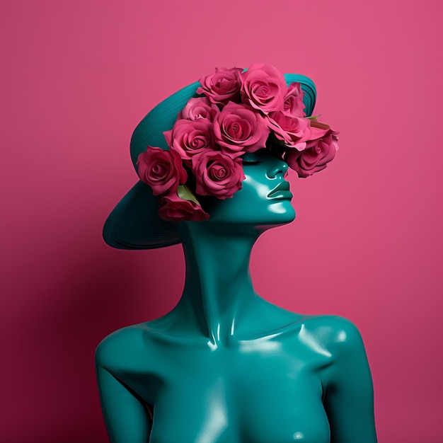 Des roses teal vibrantes embrassées par un mannequin rose chaud
