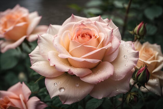 Des roses tendres avec des gouttes de pluie, une bannière, des fleurs en arrière-plan.