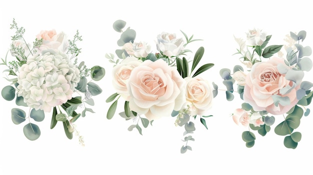 Les roses et la verdure de la sauge, l'ivoire, les pionniers et les hortensias sont disposés dans un style d'aquarelle pastel avec des fleurs d'eucalyptus. Tous les éléments peuvent être modifiés séparément.