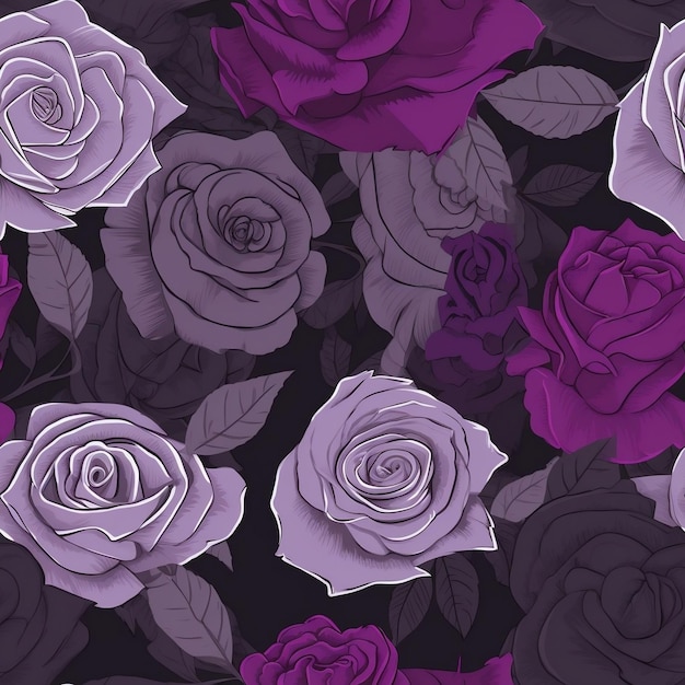 Roses violettes sur fond noir.