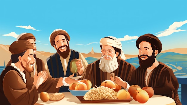 Rosh hashanah concept de vacances du nouvel an juif Les gens en tenue juive traditionnelle à la table célébrant