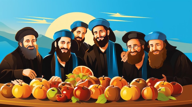 Rosh hashanah concept de vacances du nouvel an juif Les gens en tenue juive traditionnelle à la table célébrant