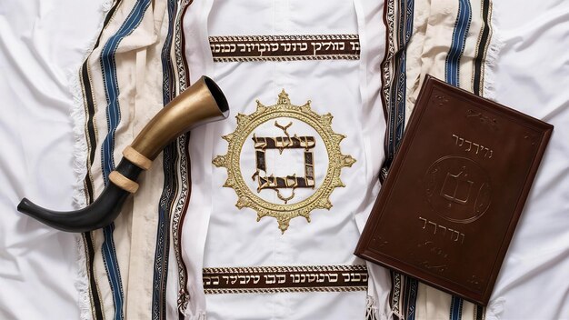 Photo rosh hashanah yom kippur tallit shofar torah sur un fond blanc isolé