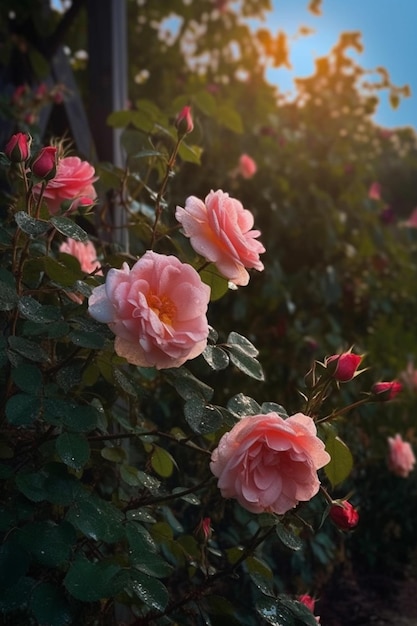 Un rosier rose avec le soleil qui brille à travers les feuilles