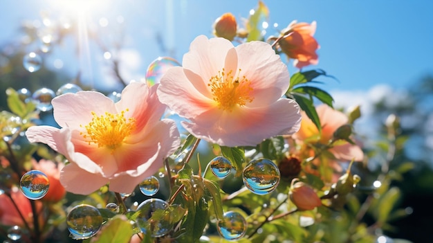 Rosier sauvage sur la plage, mouche d'abeille, gouttes de rosée, faisceaux de lumière du soleil