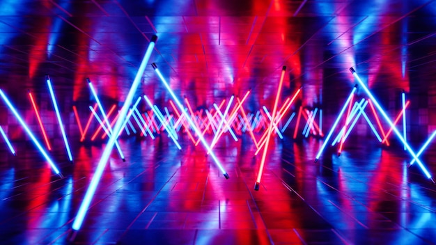 Rotation des lumières fluorescentes rouges et bleues illustration de rendu 3D