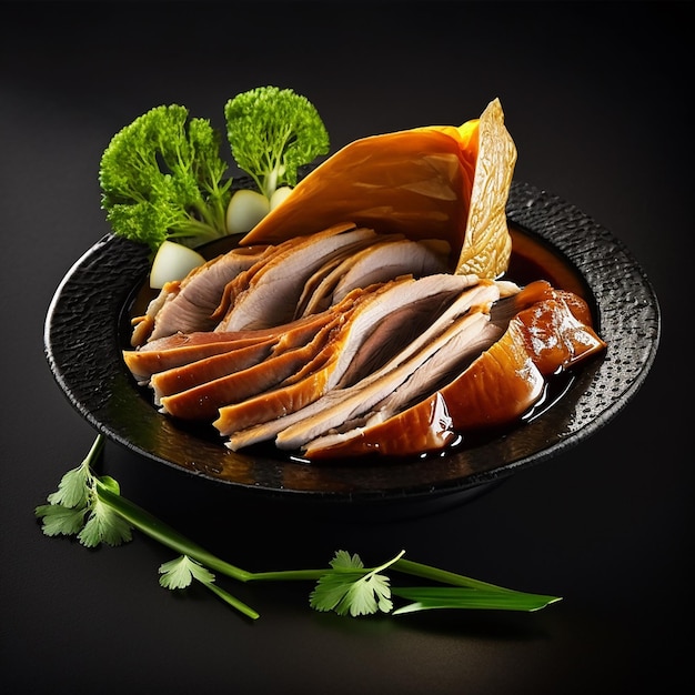 Rôti appétissant de canard de Pékin plat chinois national délicieux plat de viande de restaurant isolé sur noir