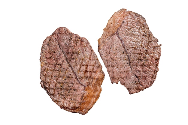 Rôti sur grill steaks de viande marbrée de boeuf poêle isolé sur fond blanc