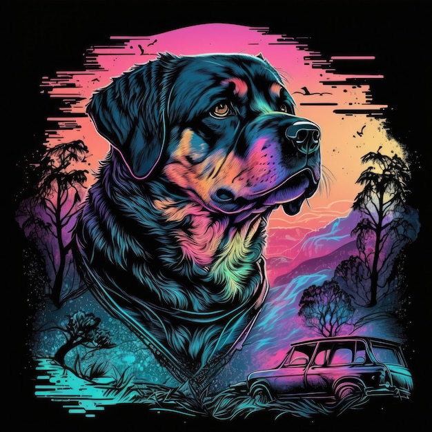 Rottweiler Dog 80s Synthwave TShirt détaillé Art vectoriel avec des couleurs vives AI générative