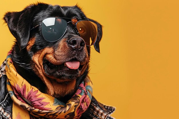 Rottweiler portant des vêtements et des lunettes de soleil sur un fond jaune