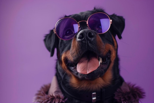 Rottweiler portant des vêtements et des lunettes de soleil sur un fond violet