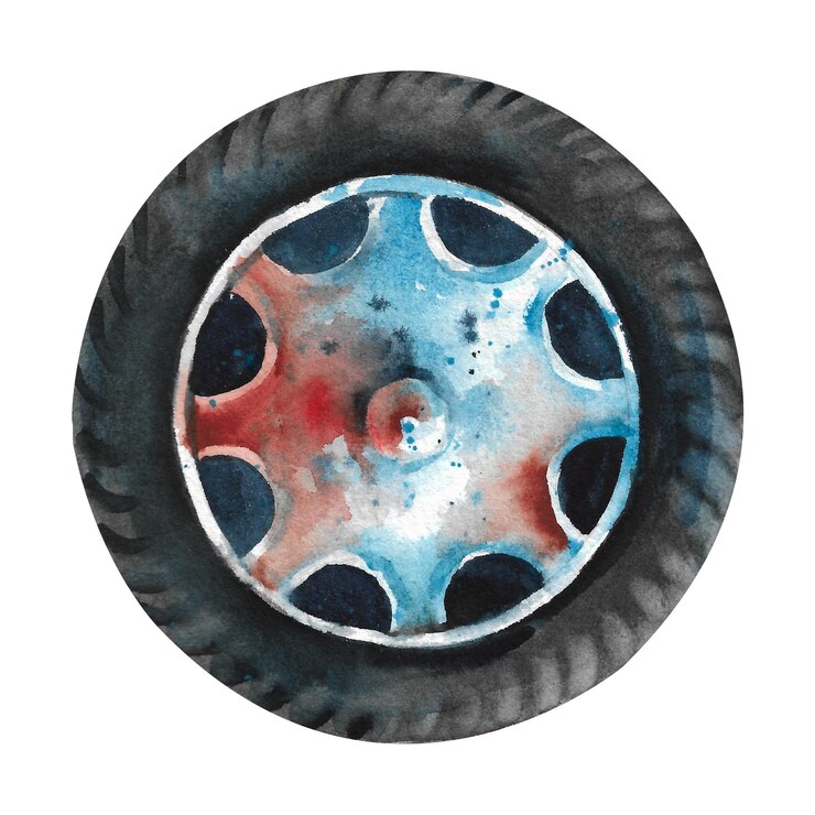 Roue aquarelle Roue sport chromée d'une voiture sur fond blanc