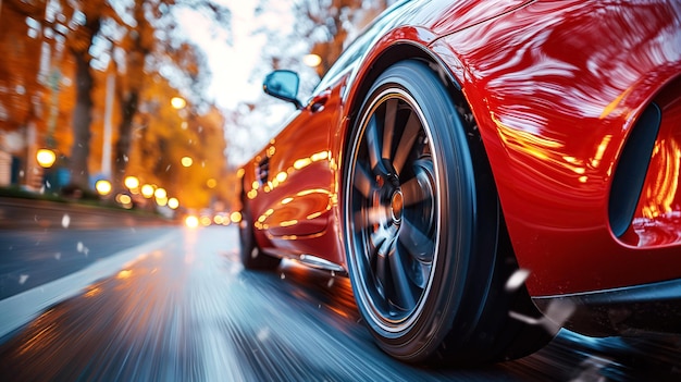 Photo roue arrière d'une voiture en mouvement rapide avec flou de mouvement sur la route gros plan voiture de sport rouge de luxe