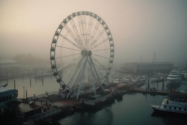 Photo roue d'attraction jour nuageux près d'un lac