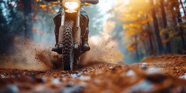 roue avant d'une moto enduro sportive sur la route dans la forêt en gros plan dans la nature