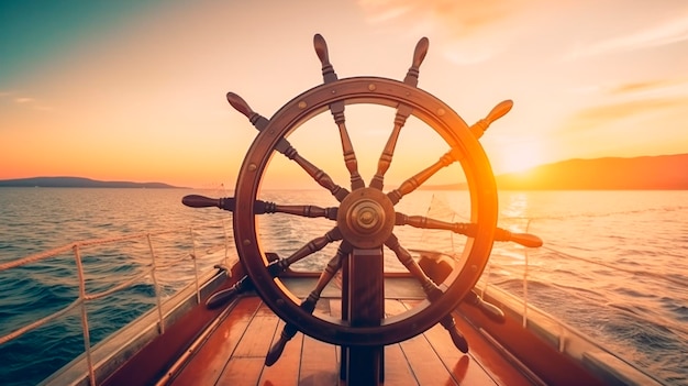 Photo roue de bateau sur bateau avec liberté mer et ciel et concept de direction d'aventure ai générative