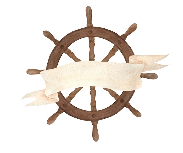 Une roue de bateau en bois avec une bannière dessus.