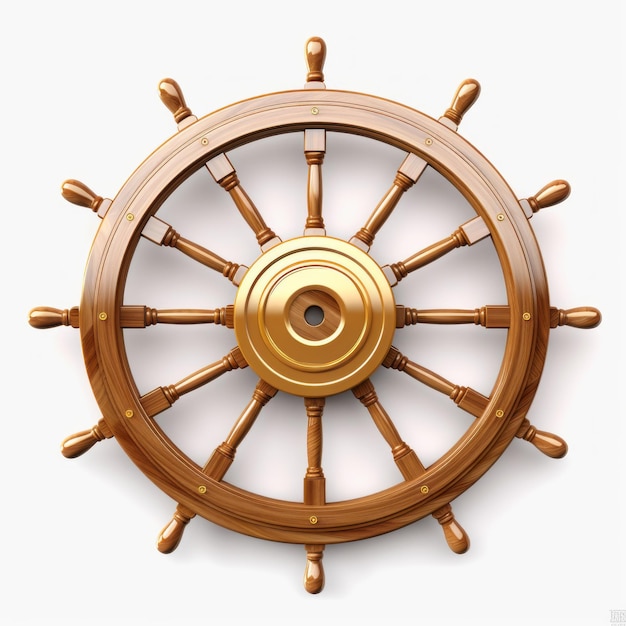 La roue dorée du navire est une roue de yacht pseudo-réaliste sur fond blanc.