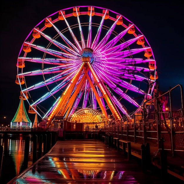 Une roue magique colorée la nuit