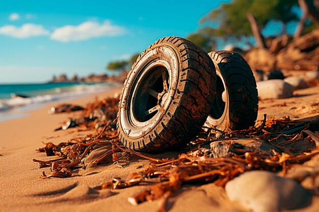 Photo roue et pneu de voiture sur la plage au coucher du soleil