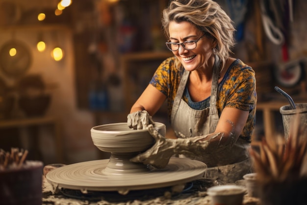 roue de potier femme façonner l'argile humide