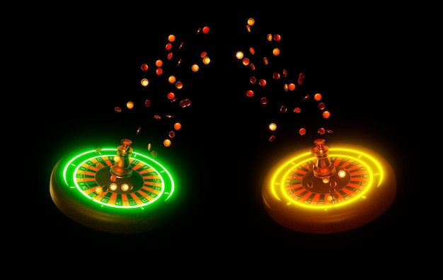 Photo roue de roulette 3d réaliste avec des lumières vertes orange néon et des pièces d'or volantes sur fond noir