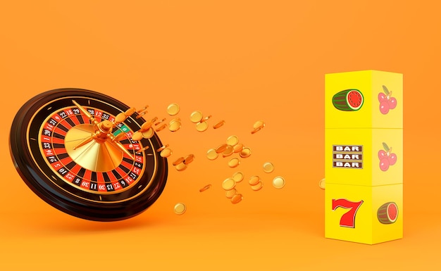 Roue de roulette de casino couleur noire avec des pièces d'or volantes et des dés avec des images de machine à sous