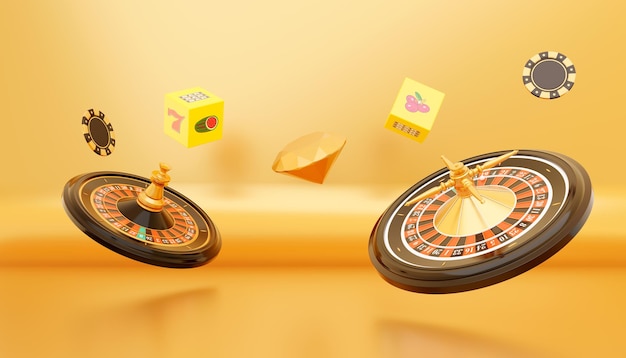 Roue de roulette réaliste sur fond d'or Roulette de casino réaliste jetons et dés