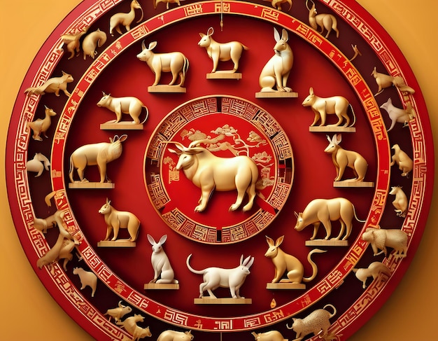 Une roue traditionnelle chinoise du zodiaque avec les 12 animaux