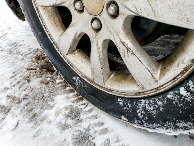 Roue de voiture avec de la neige collée dessus Vue rapprochée La voiture est debout sur une route enneigée