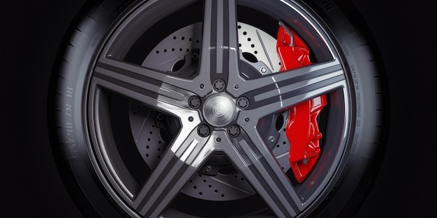 Photo roue de voiture avec pauses rouges sur fond noir