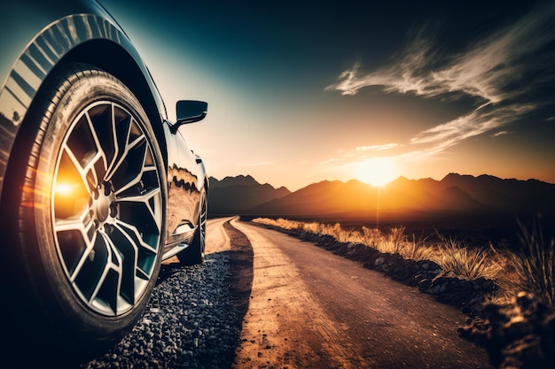 La roue de la voiture sur la route au coucher du soleil Generative AI