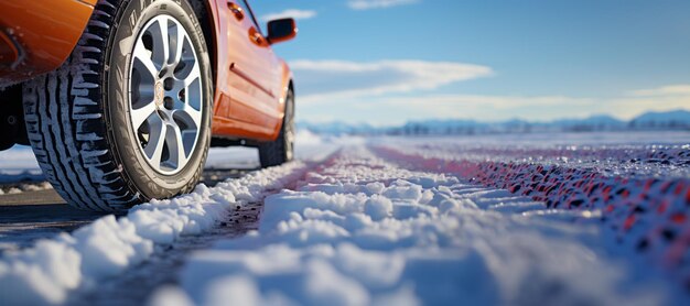 roue de voiture sur une route enneigée gros plan IA générative